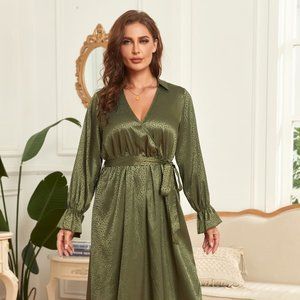 Melo Apparel Plus Size Surplice Neck Tie Belt Flounce Sleeve Midi Dress